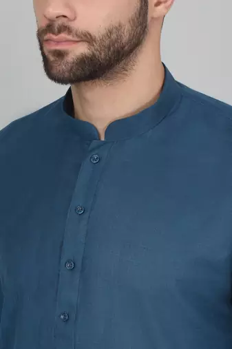 Cotton blend solid denim blue kurta with pyjamas