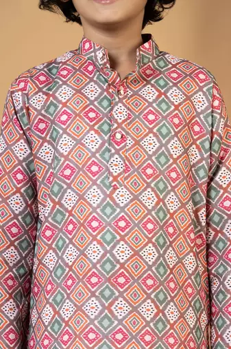 Boys multicolor cotton blend diamond motifs printed kurta pyjama set