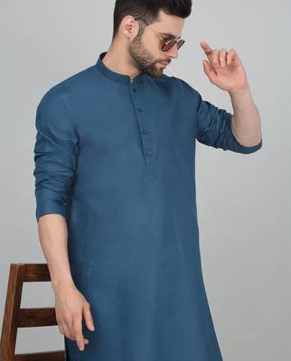 Cotton blend solid denim blue kurta with pyjamas 4