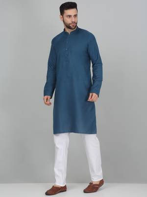 Cotton blend solid denim blue kurta with pyjamas 5