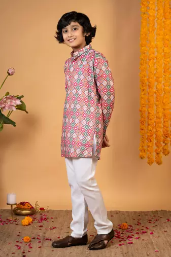 Boys multicolor cotton blend diamond motifs printed kurta pyjama set