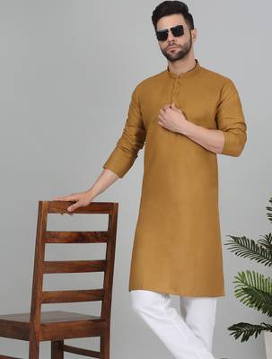 Cotton blend solid denim mustard kurta with pyjamas 1