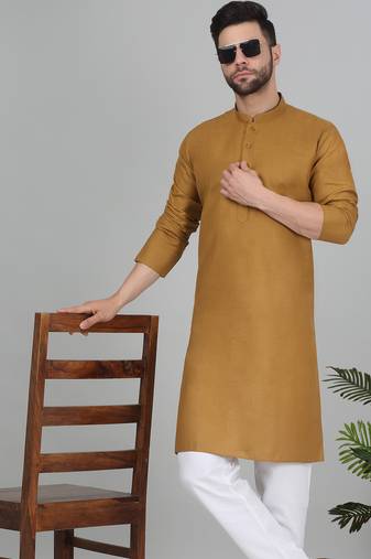 Cotton blend solid denim mustard kurta with pyjamas