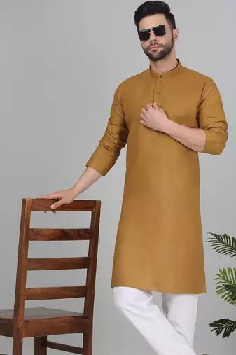 Cotton blend solid denim mustard kurta with pyjamas