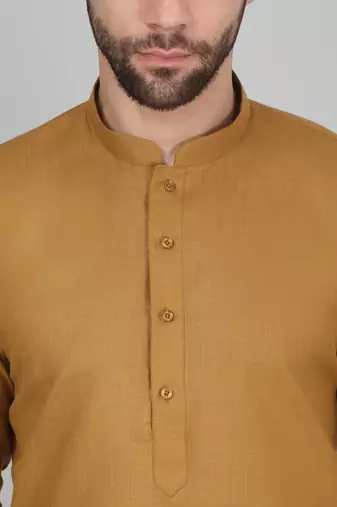 Cotton blend solid denim mustard kurta with pyjamas