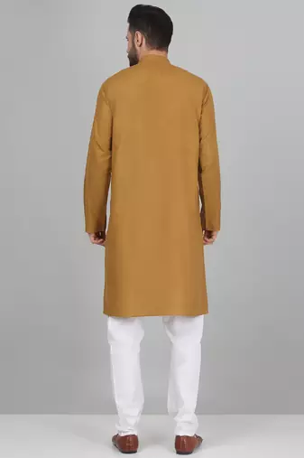 Cotton blend solid denim mustard kurta with pyjamas