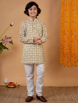 Boys light green rayon embroidered sequined geometric kurta pyjama set 1