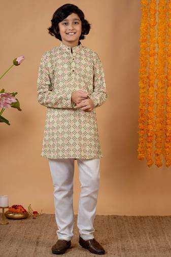 Boys light green rayon embroidered sequined geometric kurta pyjama set
