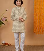 Boys light green rayon embroidered sequined geometric kurta pyjama set