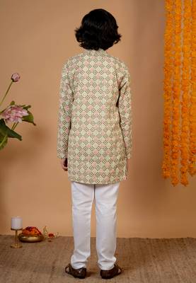 Boys light green rayon embroidered sequined geometric kurta pyjama set 2