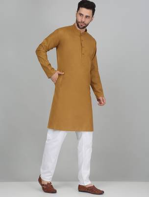 Cotton blend solid denim mustard kurta with pyjamas 5