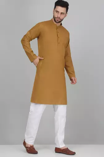 Cotton blend solid denim mustard kurta with pyjamas