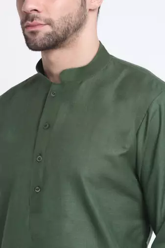 Cotton blend solid denim olive green kurta with pyjamas