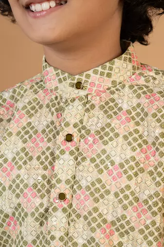 Boys light green rayon embroidered sequined geometric kurta pyjama set