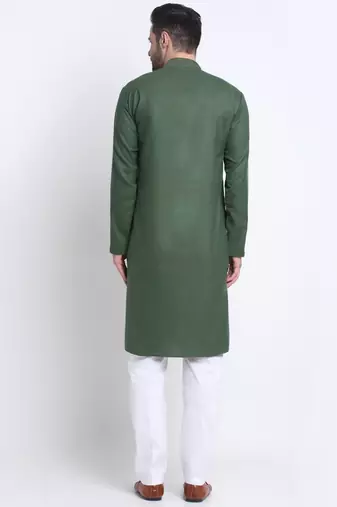 Cotton blend solid denim olive green kurta with pyjamas