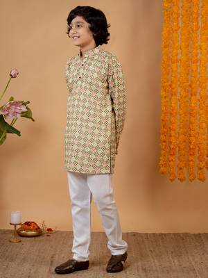 Boys light green rayon embroidered sequined geometric kurta pyjama set 4