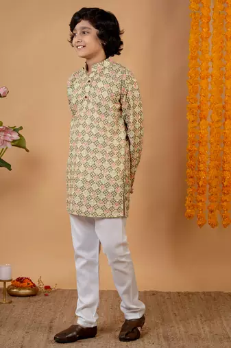 Boys light green rayon embroidered sequined geometric kurta pyjama set