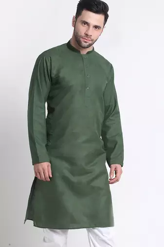 Cotton blend solid denim olive green kurta with pyjamas