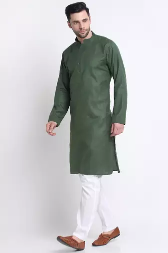 Cotton blend solid denim olive green kurta with pyjamas