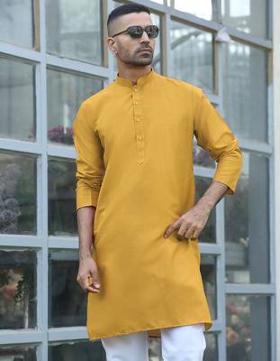 Cotton blend solid denim mustard kurta with pyjamas 1