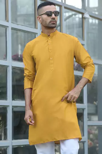 Cotton blend solid denim mustard kurta with pyjamas