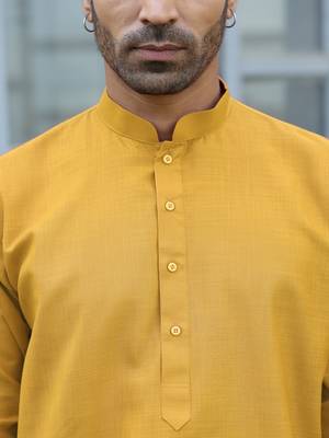 Cotton blend solid denim mustard kurta with pyjamas 2