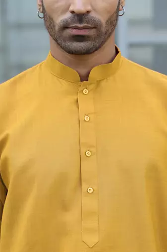 Cotton blend solid denim mustard kurta with pyjamas
