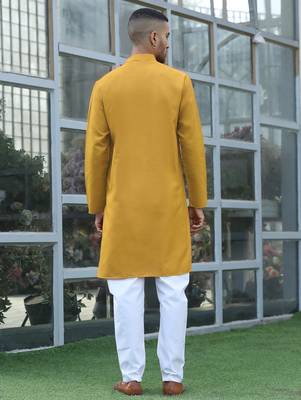 Cotton blend solid denim mustard kurta with pyjamas 3