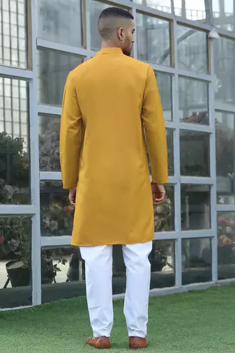 Cotton blend solid denim mustard kurta with pyjamas