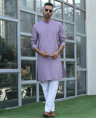 Cotton blend solid denim mauve kurta with pyjamas 1