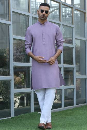 Cotton blend solid denim mauve kurta with pyjamas