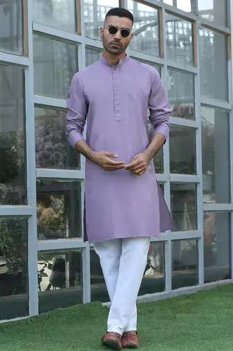Cotton blend solid denim mauve kurta with pyjamas