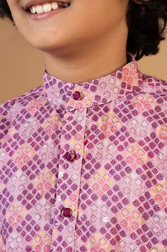 Boys onion rayon embroidered sequined geometric kurta pyjama set