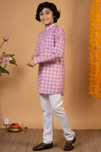 Boys onion rayon embroidered sequined geometric kurta pyjama set