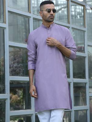 Cotton blend solid denim mauve kurta with pyjamas 4