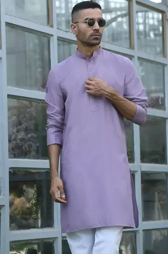 Cotton blend solid denim mauve kurta with pyjamas