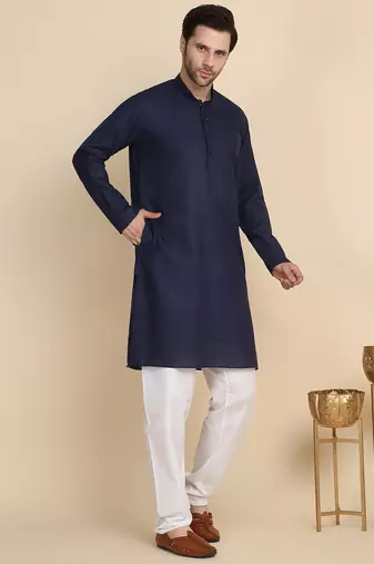 Cotton blend solid denim navy blue kurta with pyjamas