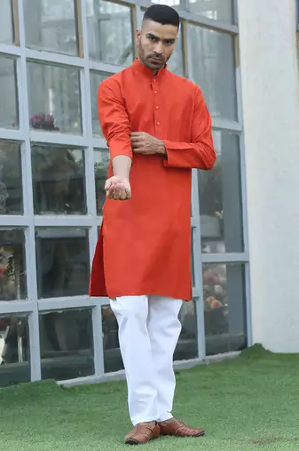 Cotton blend solid denim orange kurta with pyjamas