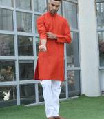 Cotton blend solid denim orange kurta with pyjamas