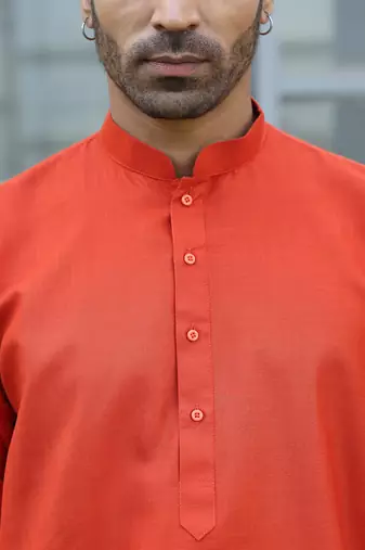 Cotton blend solid denim orange kurta with pyjamas