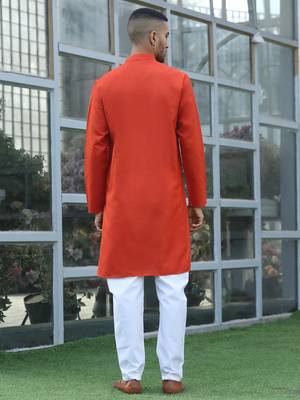 Cotton blend solid denim orange kurta with pyjamas 3