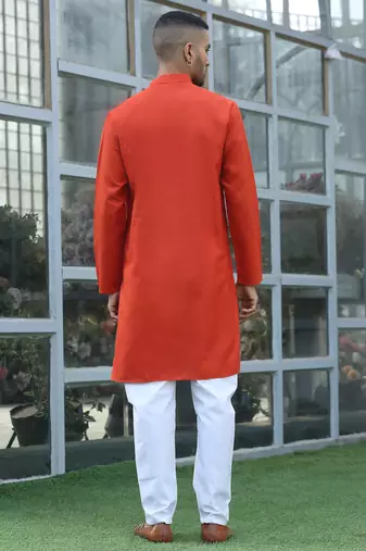 Cotton blend solid denim orange kurta with pyjamas