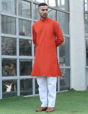 Cotton blend solid denim orange kurta with pyjamas 5