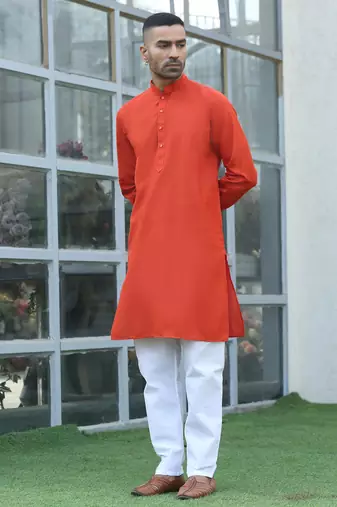 Cotton blend solid denim orange kurta with pyjamas
