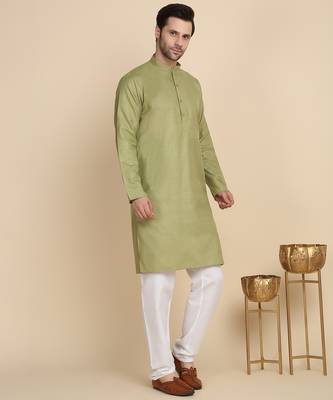 Cotton blend solid knee length pastel green kurta 1