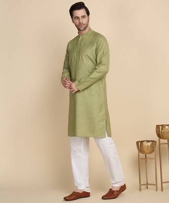 Cotton blend solid knee length pastel green kurta 4