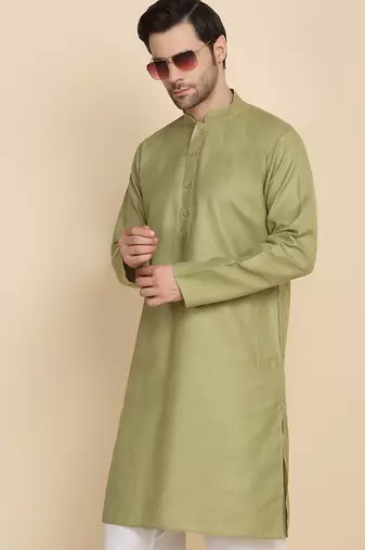Cotton blend solid knee length pastel green kurta