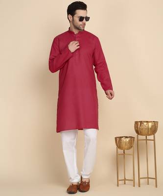 Cotton blend solid denim red kurta with pyjamas 1