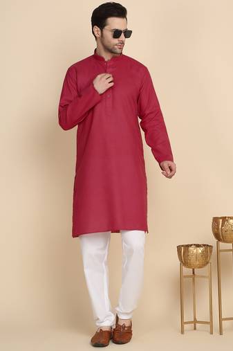 Cotton blend solid denim red kurta with pyjamas
