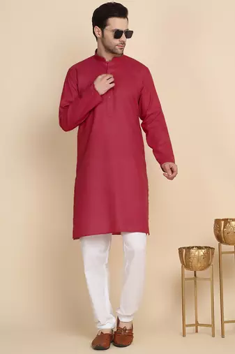 Cotton blend solid denim red kurta with pyjamas